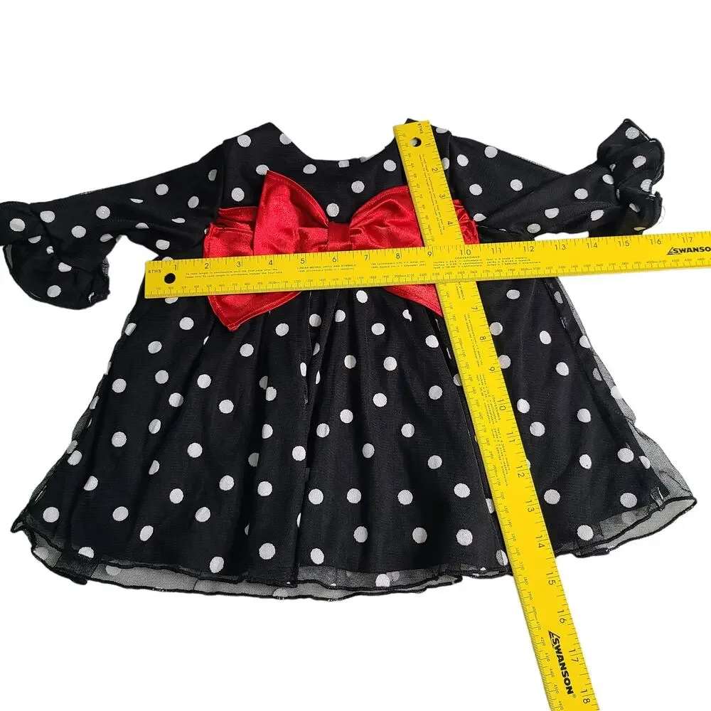 Rare Editions Black & White Polka Dot & Red Bow Baby Girl Dress Top 18 M 2125